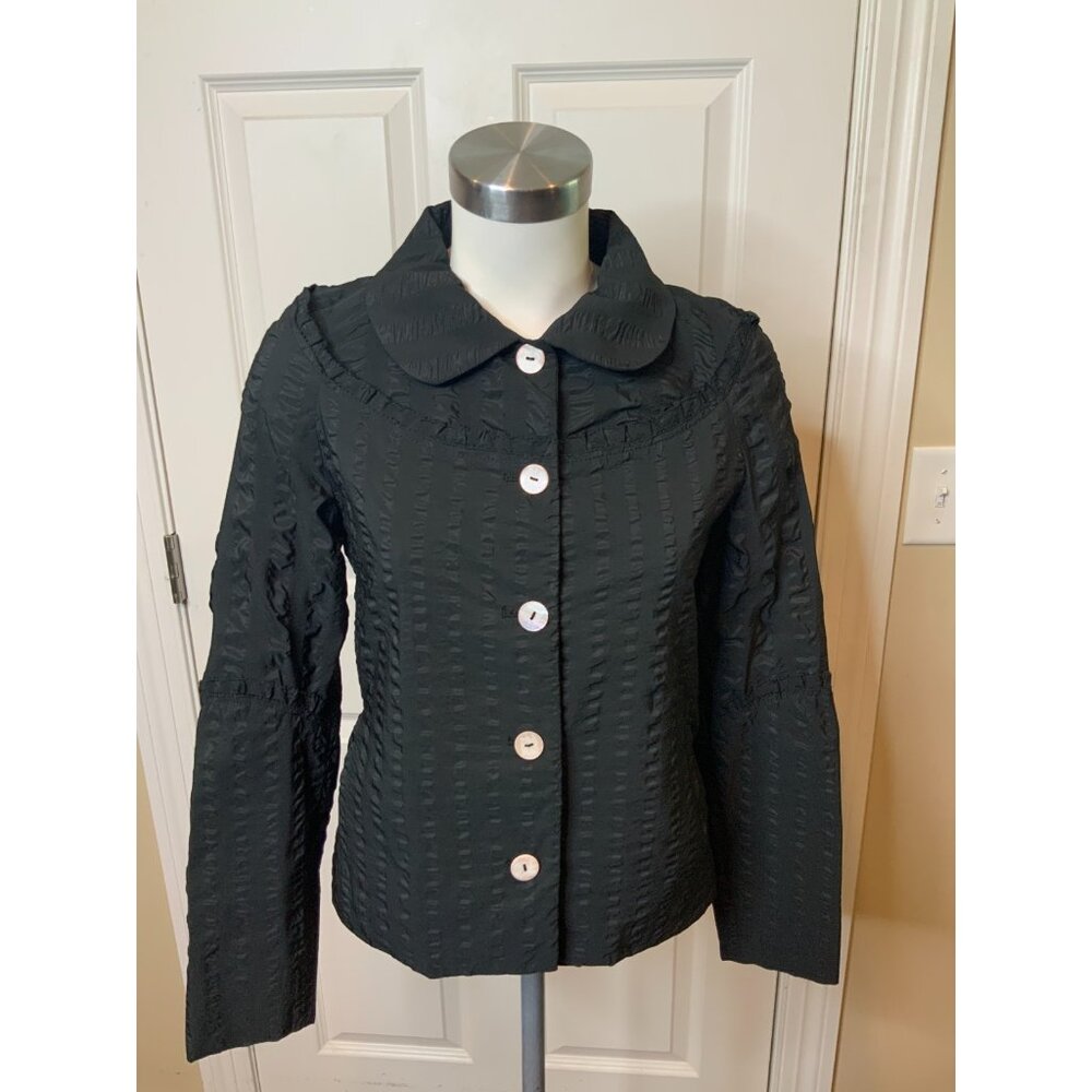 Nina Ricci Black Silk Textured Ruffle Round Collar Jacket, Size 4 | 36